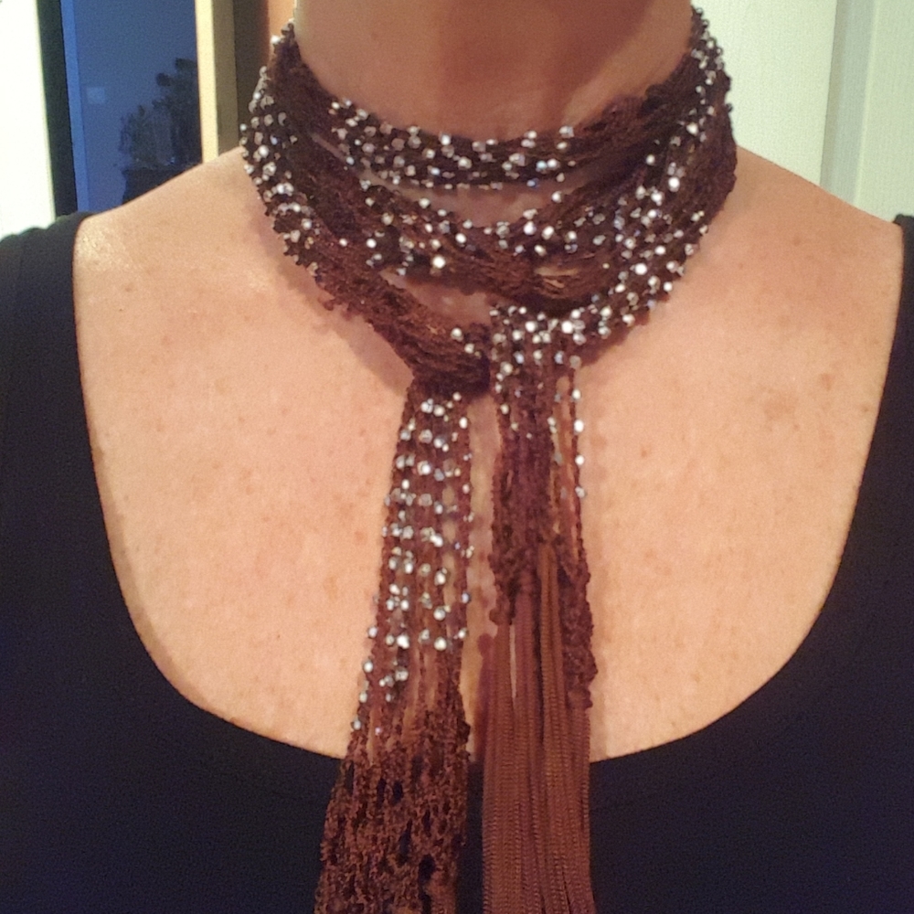 Crocheted silk fringe and silver bead long scarf